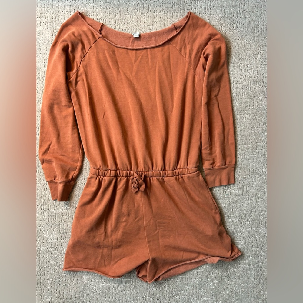 Aerie off the shoulder sweatshirt romper lounge medium cozy rust orange